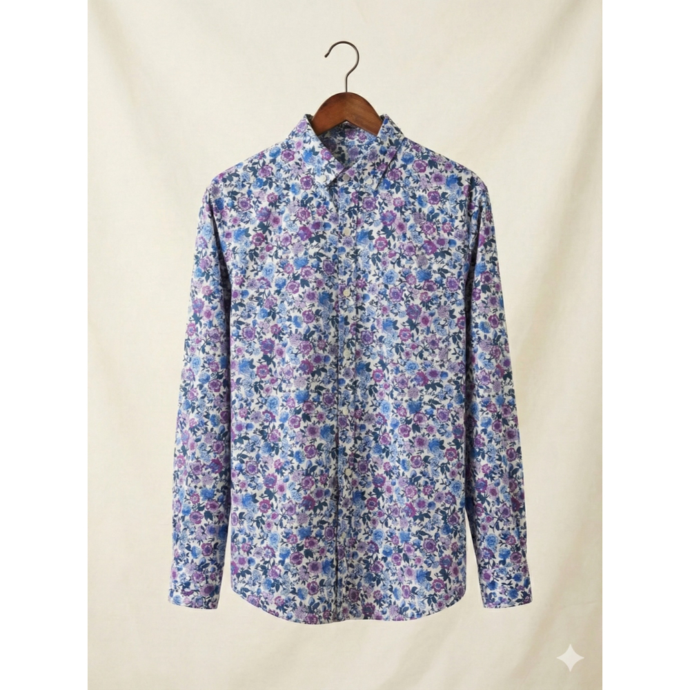 Express Men’s Floral Button Down Shirt L Blue Purple Casual - Picture 3 of 3